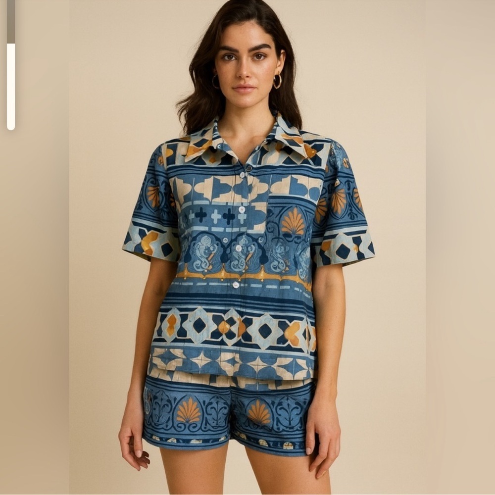 Blue Patterned Shirt And Shorts Set